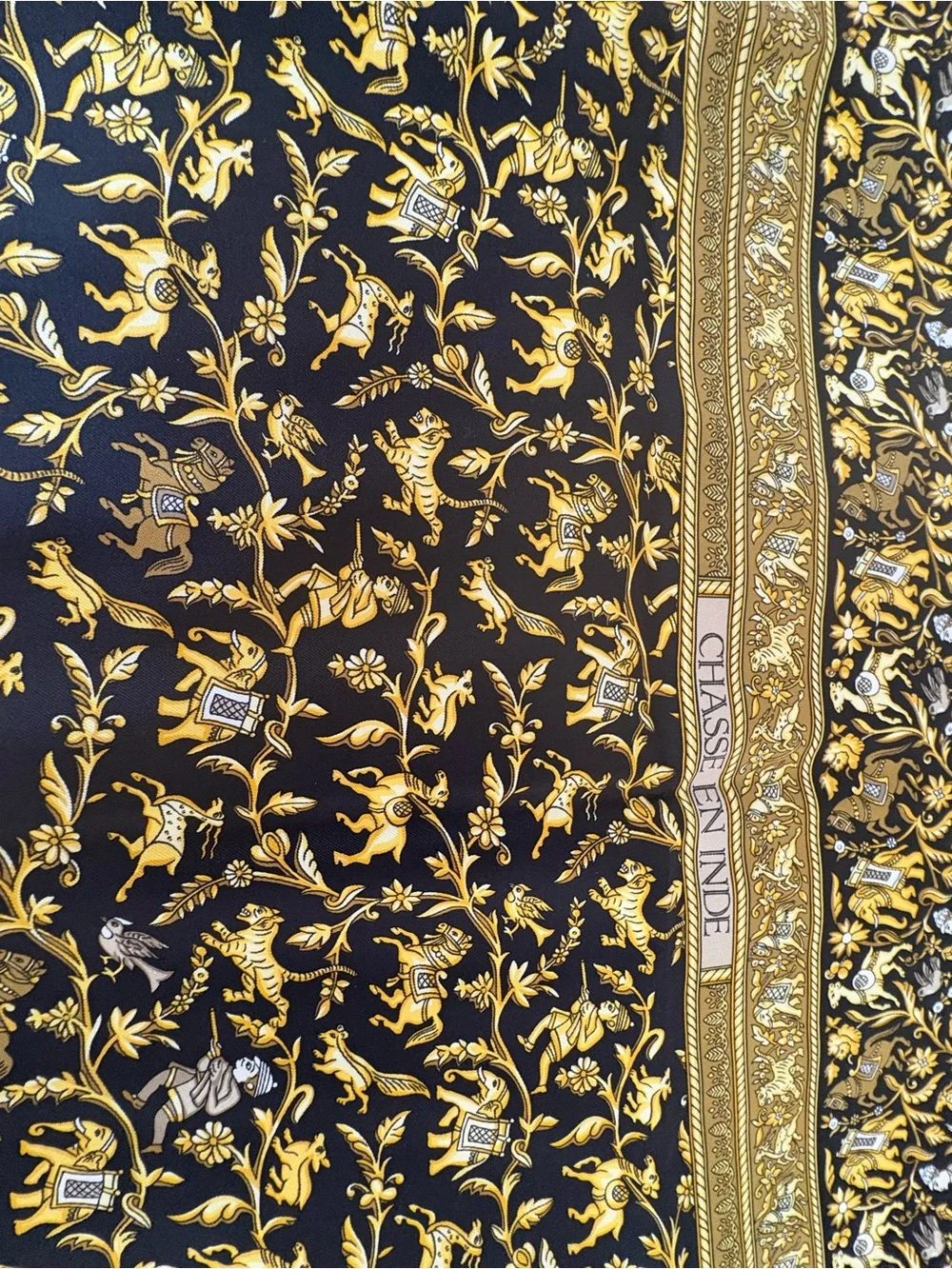Hermès Chasse en Inde Silk Carré 90 Scarf Black Gold Michel Duchêne